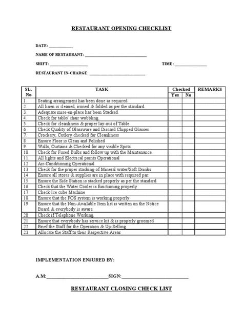 Restaurant Checklist Template Excel